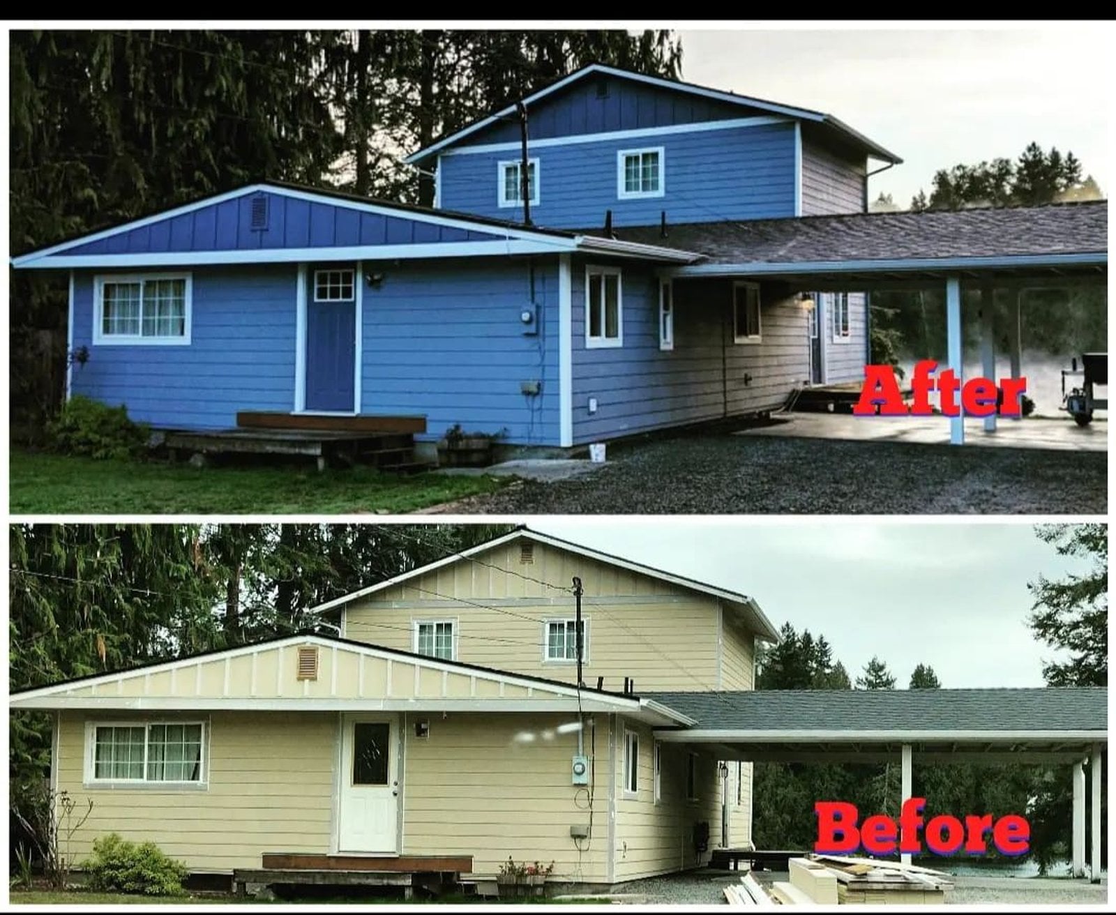Exterior house repaint in Snohomish County WA, with worn beige siding painted fresh blue and finished with clean white trim throughout